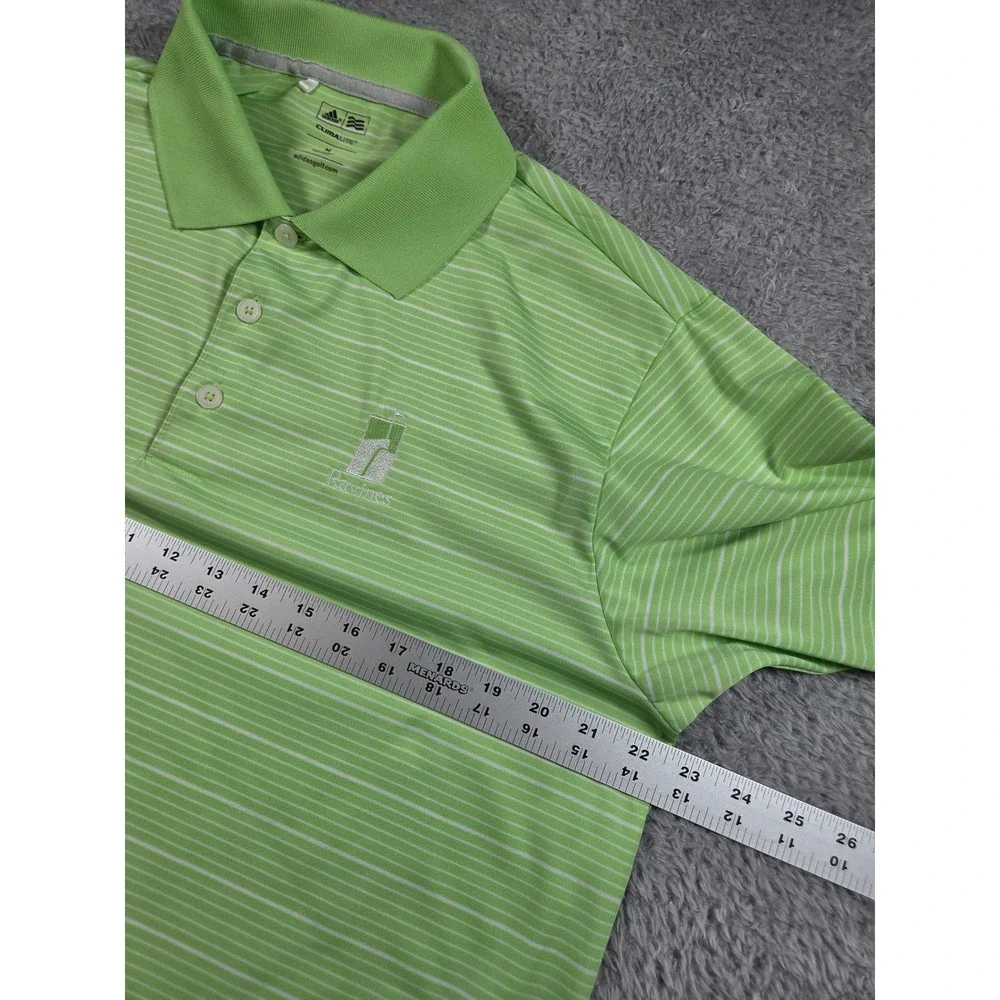 Adidas Golf Polo Shirt M Green Men Striped Climalite Ravines Logo Short Sleeve